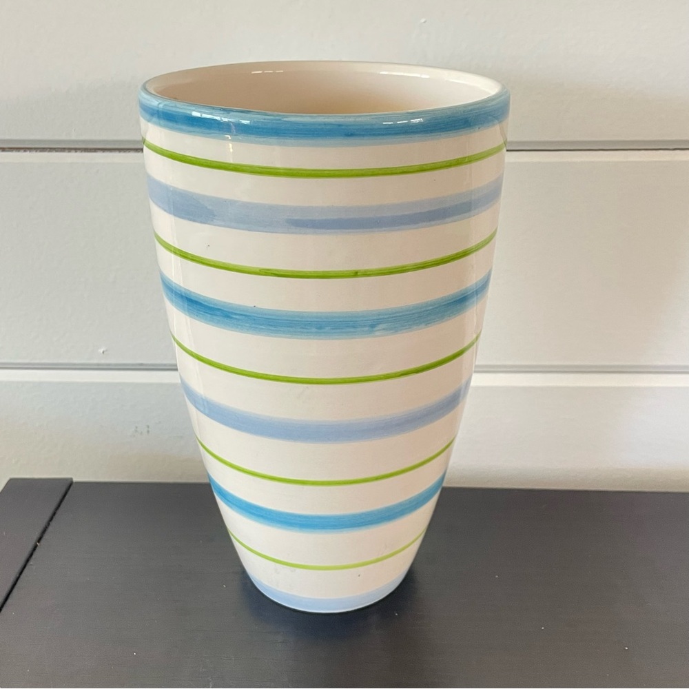$10 SALE Elegant Blue Green Striped Vase Home Accent Floral Decor Ceramic Pot - Picture 2 of 7